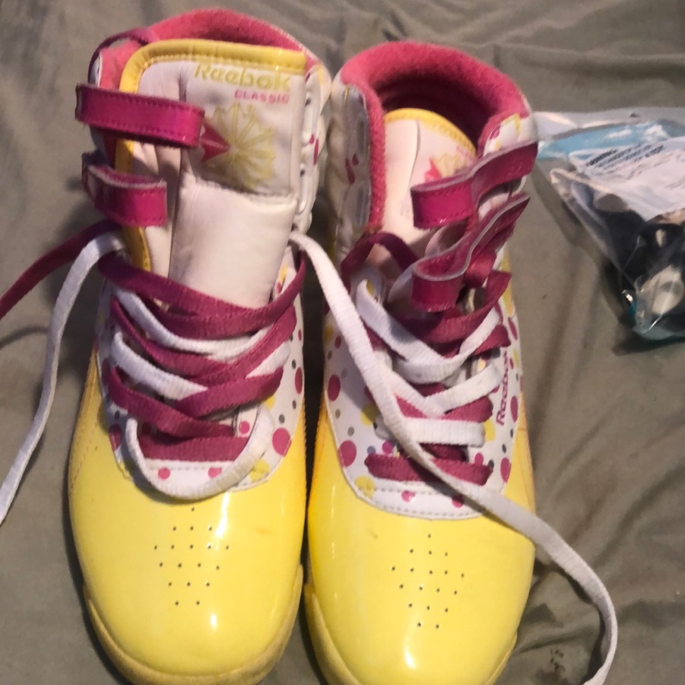 Yellow pink white retro Reebok high top $40 obo